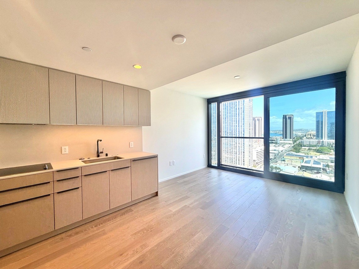 A kitchen with wooden floors and a city view through the window.
